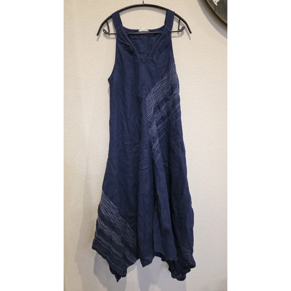 Eileen Fisher Irish Linen Asymmetrical Midi Dress Navy Blue Stitch Sleeveless  L - Picture 2 of 10
